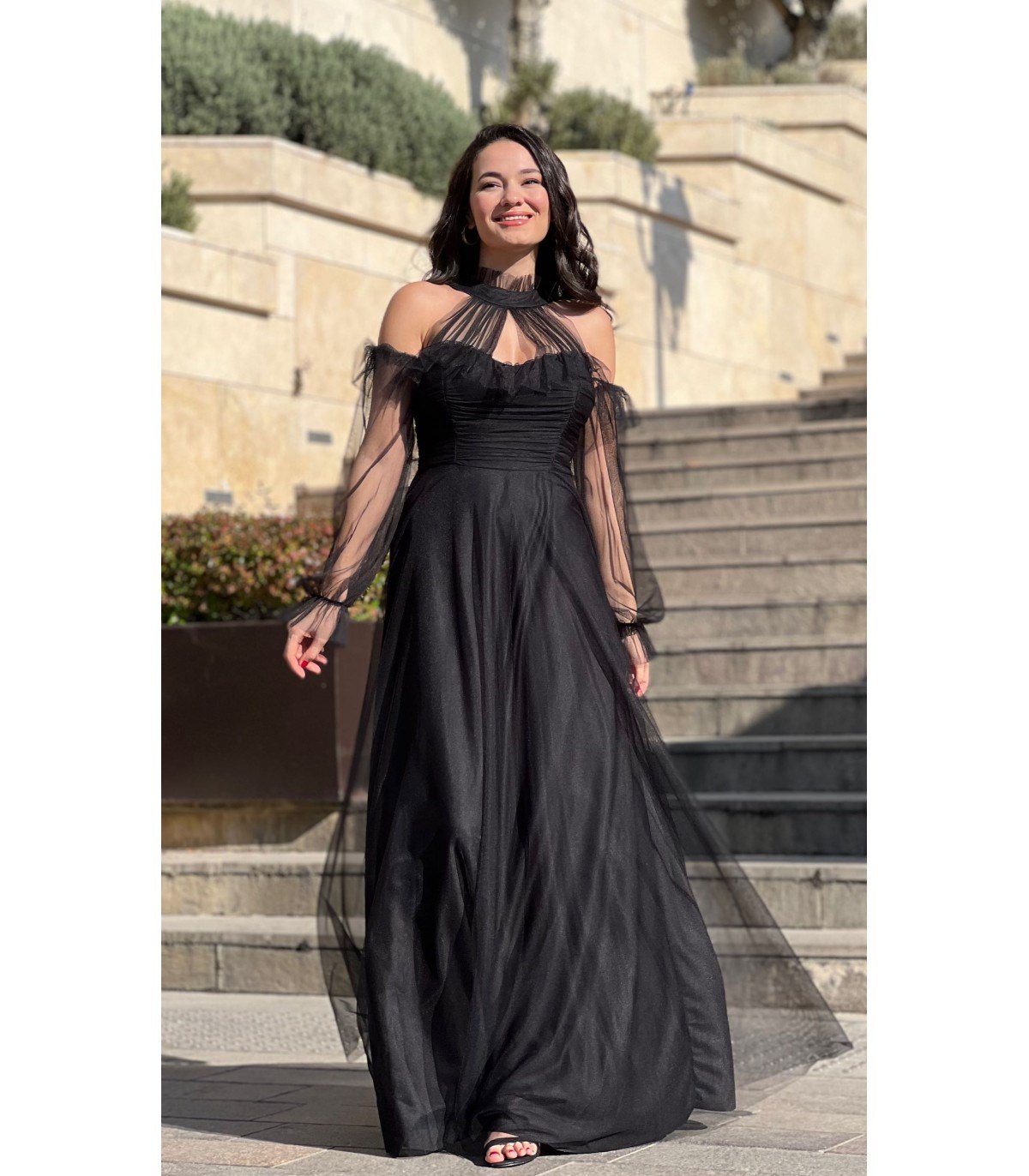 Omuz Detay Uzun Tül Tasarım Abiye - SİYAH