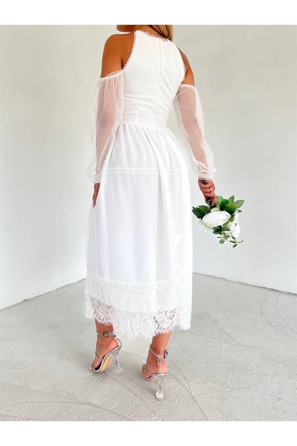 Omuz Detaylı Astarlı Midi Boy Tül Elbise - BEYAZ 