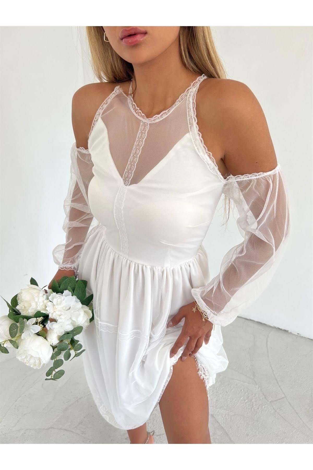 Omuz Detaylı Astarlı Midi Boy Tül Elbise - BEYAZ 