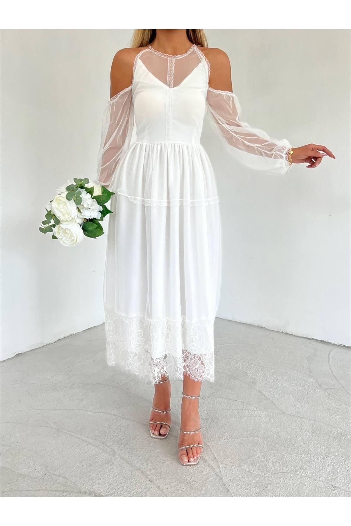 Omuz Detaylı Astarlı Midi Boy Tül Elbise - BEYAZ 