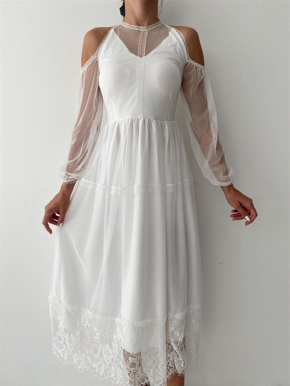 Omuz Detaylı Astarlı Midi Boy Tül Elbise - BEYAZ 