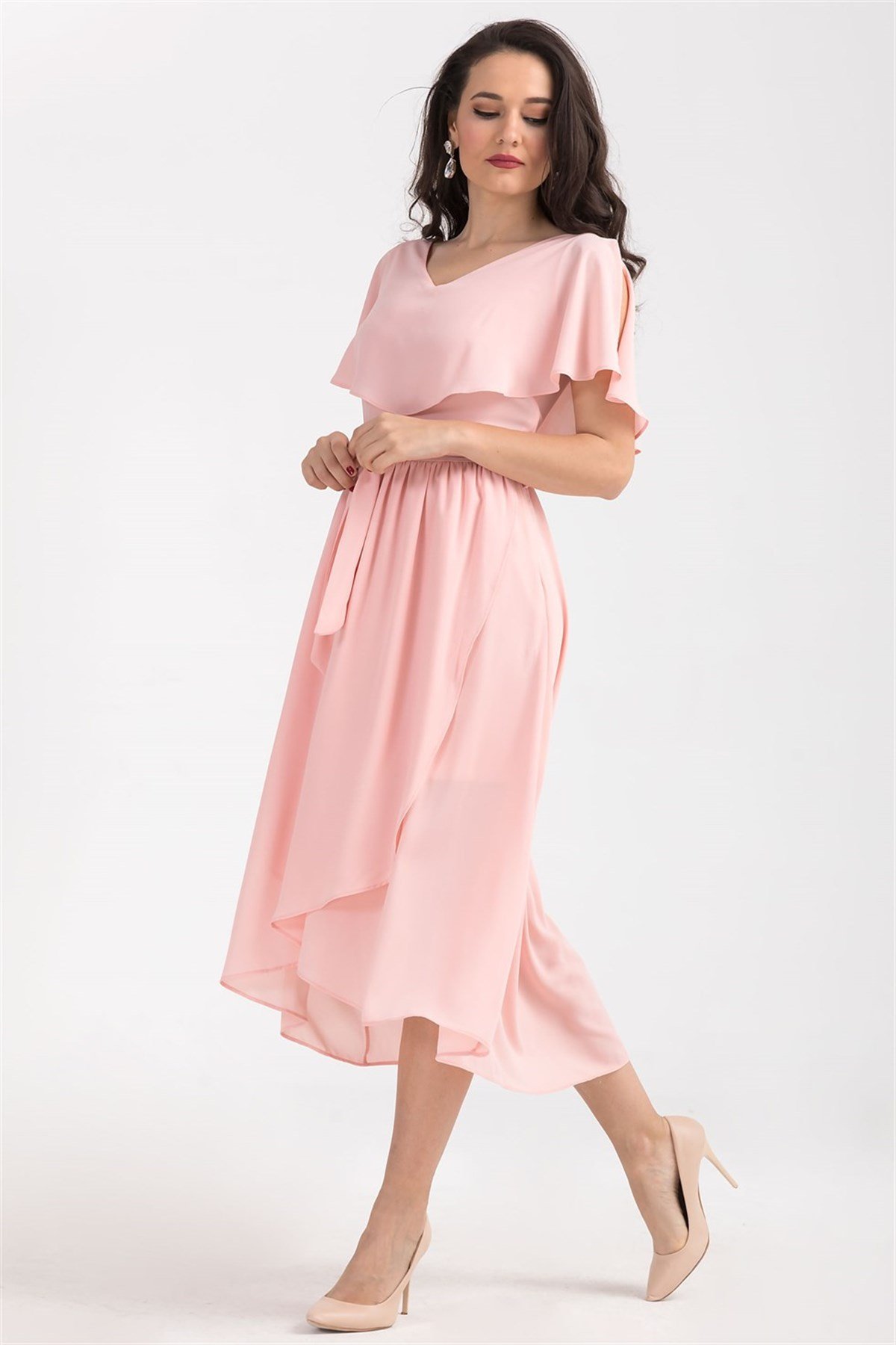Omuz Detaylı Midiboy Şifon Elbise - PUDRA RENK