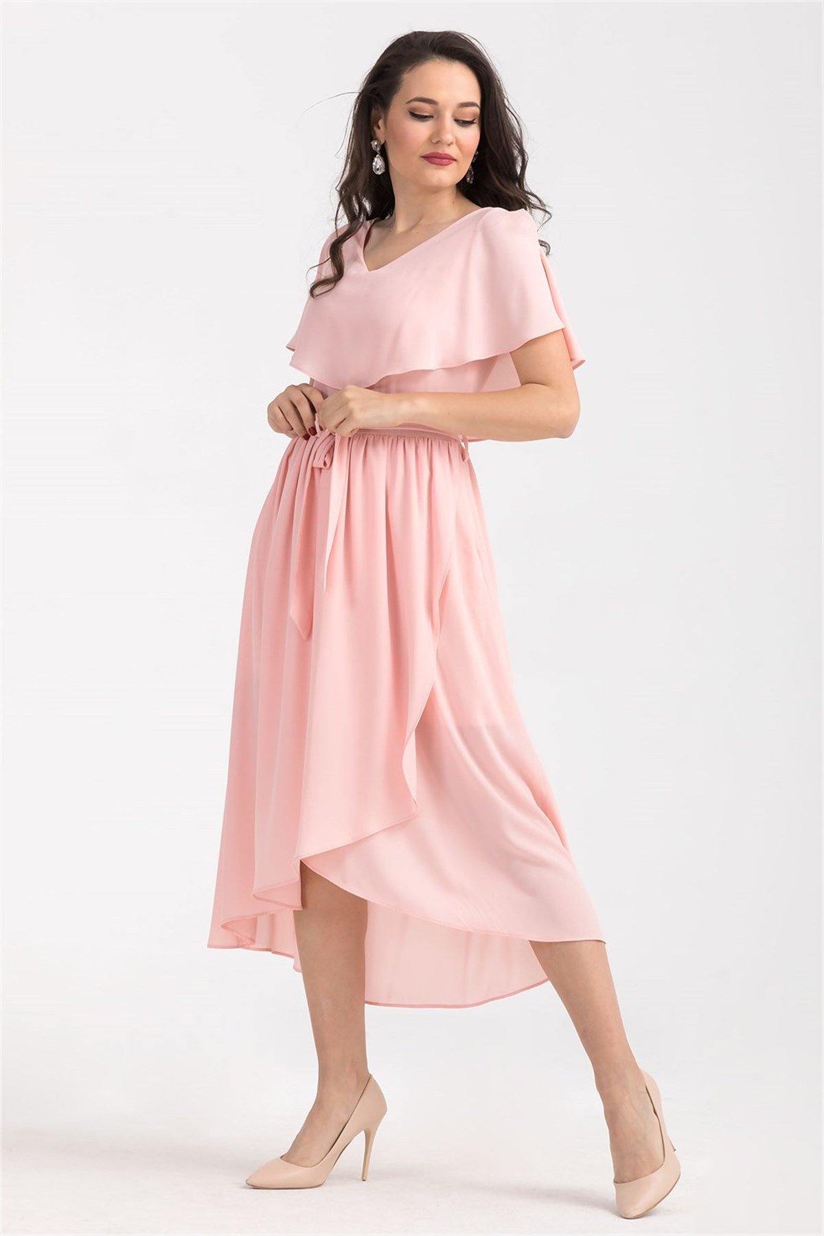 Omuz Detaylı Midiboy Şifon Elbise - PUDRA RENK