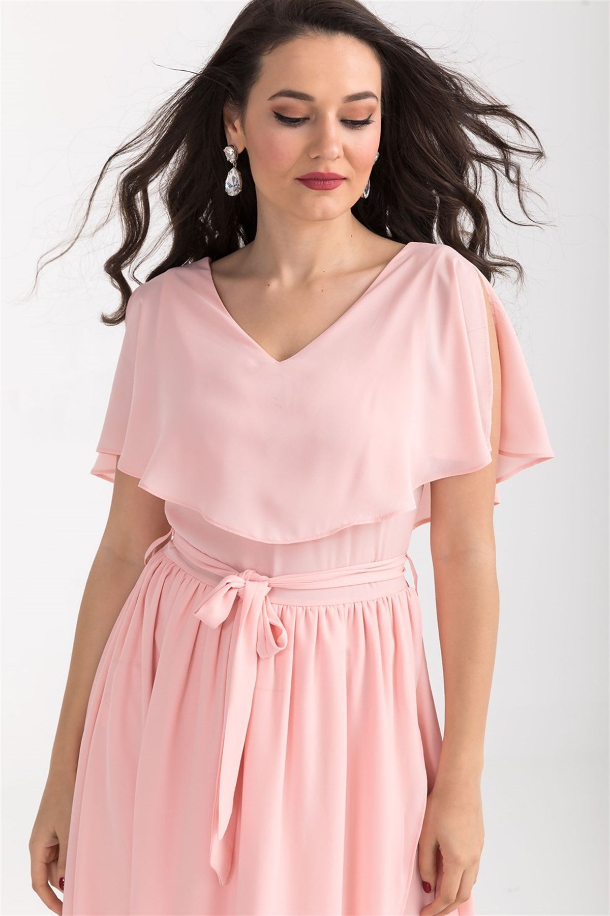 Omuz Detaylı Midiboy Şifon Elbise - PUDRA RENK