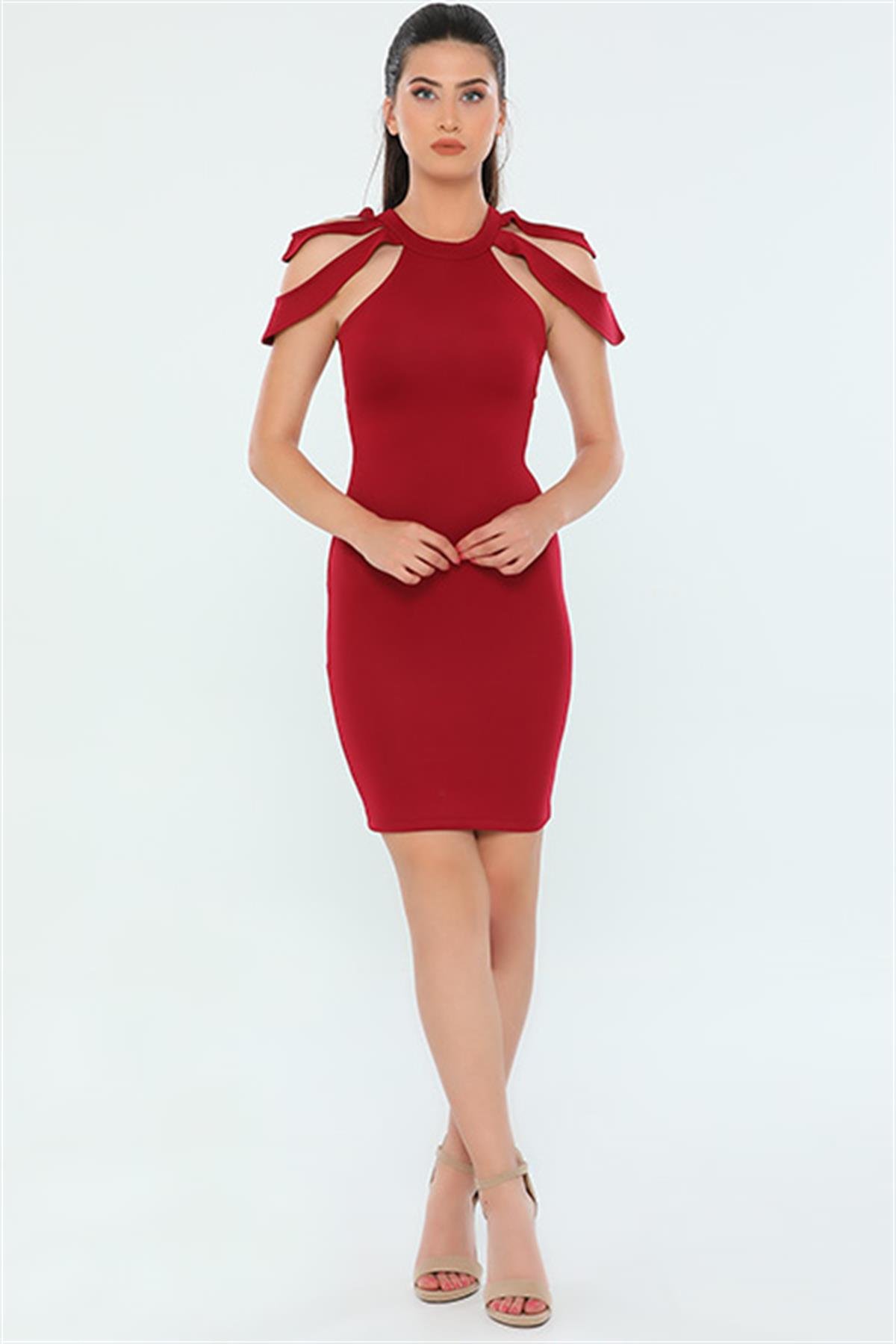 Omuz Detaylı Scuba Kumaş Mini Kalem Elbise - BORDO RENK