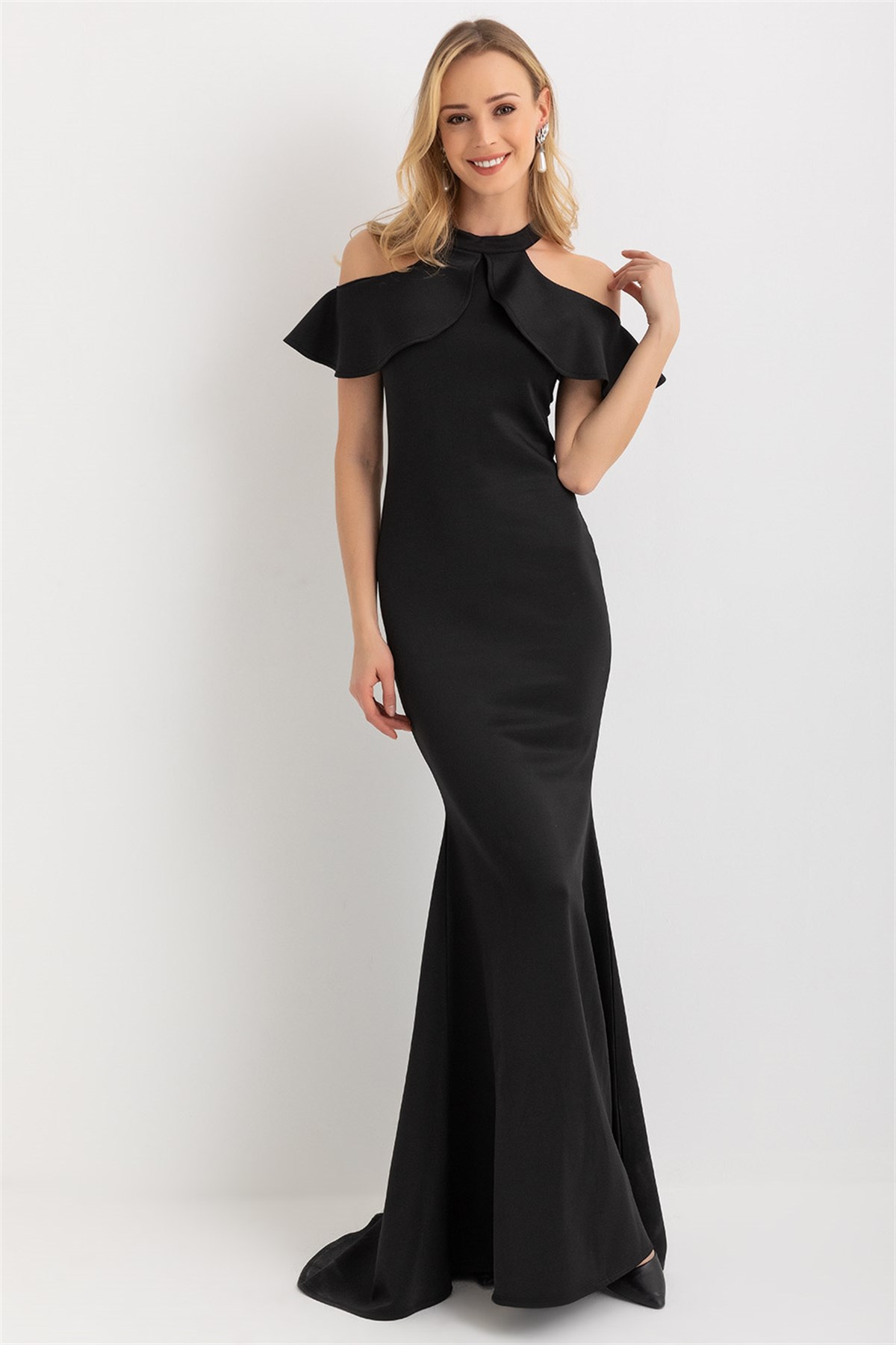 Omuz Fırfır Detaylı Balık Abiye - SİYAH