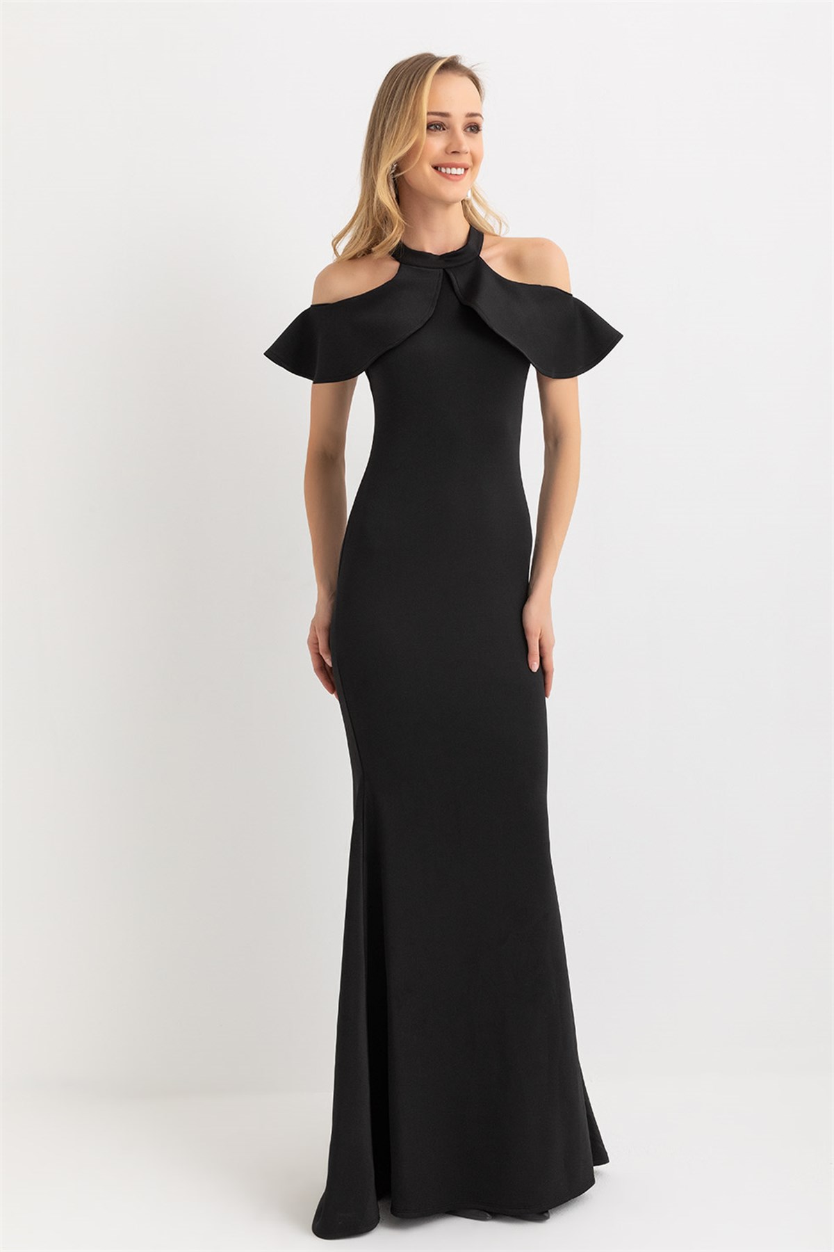 Omuz Fırfır Detaylı Balık Abiye - SİYAH