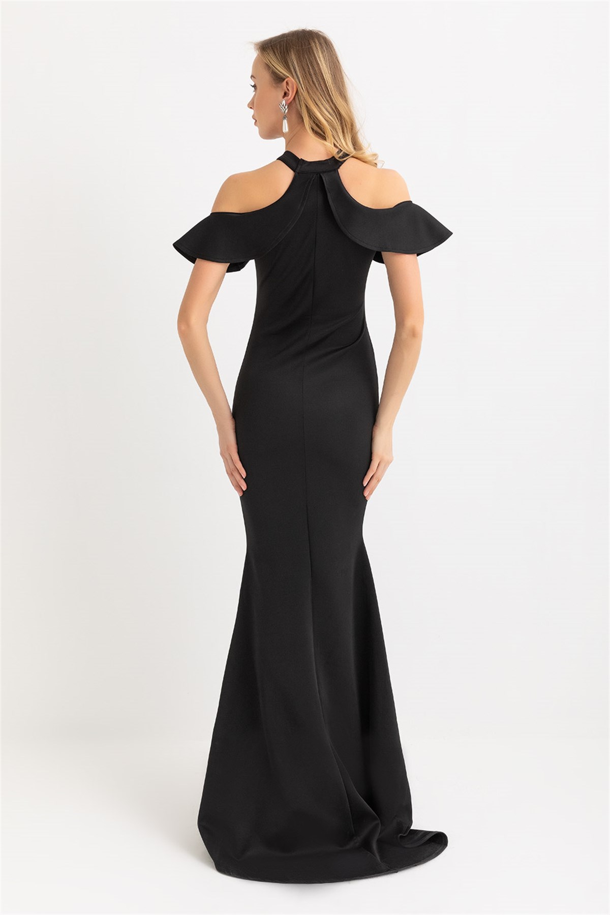 Omuz Fırfır Detaylı Balık Abiye - SİYAH