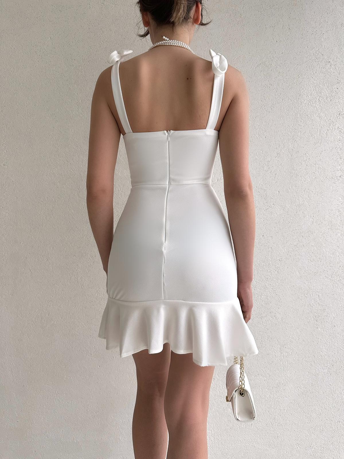 Omuzları Bağlamalı Etek Detay Elbise - BEYAZ