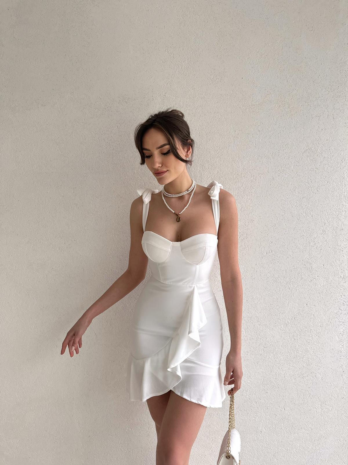 Omuzları Bağlamalı Etek Detay Elbise - BEYAZ