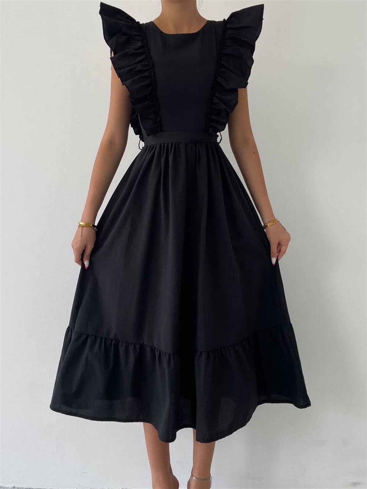 Omuzları Fırfır Kemerli Midi Boy Elbise - SİYAH