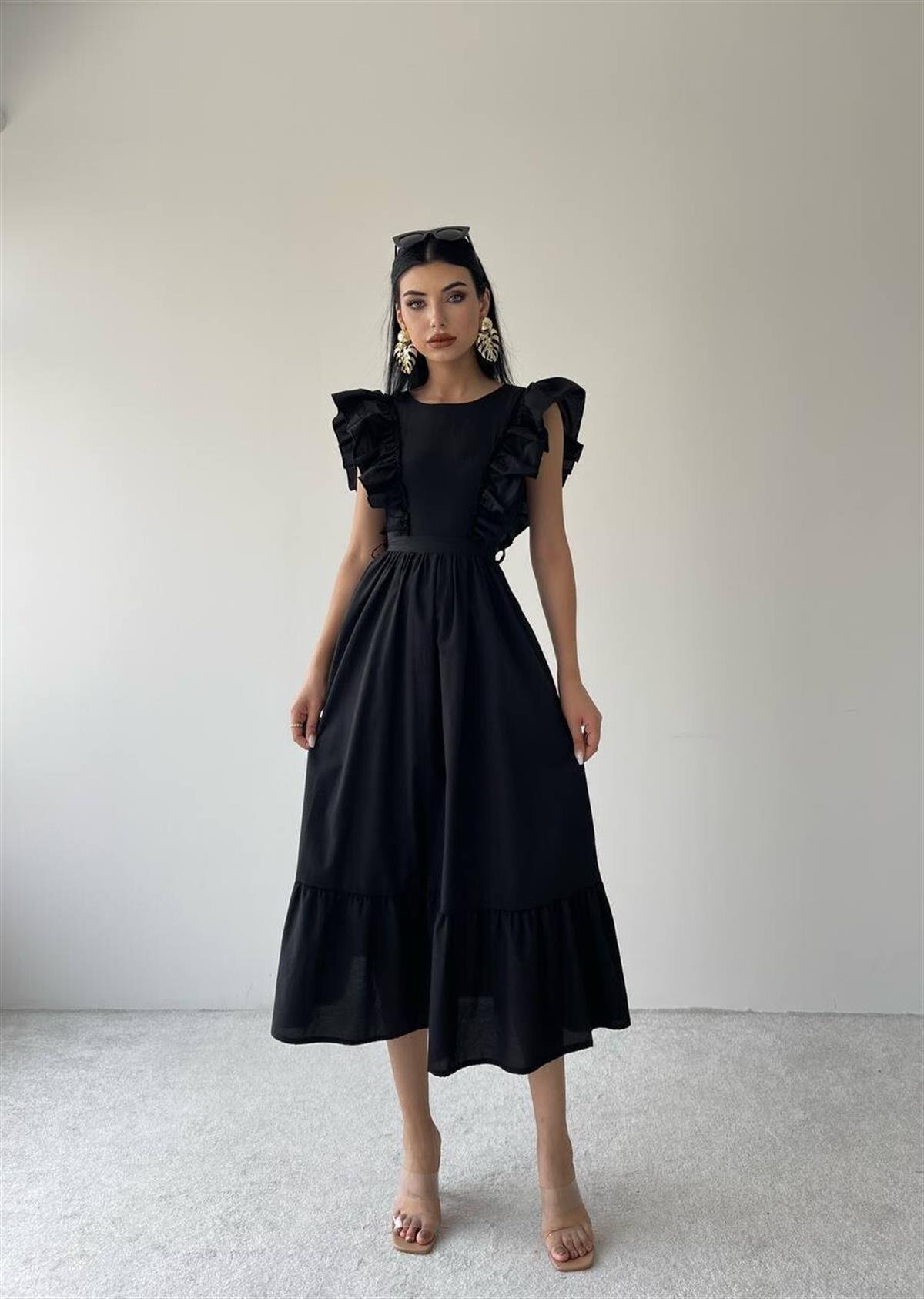 Omuzları Fırfır Kemerli Midi Boy Elbise - SİYAH