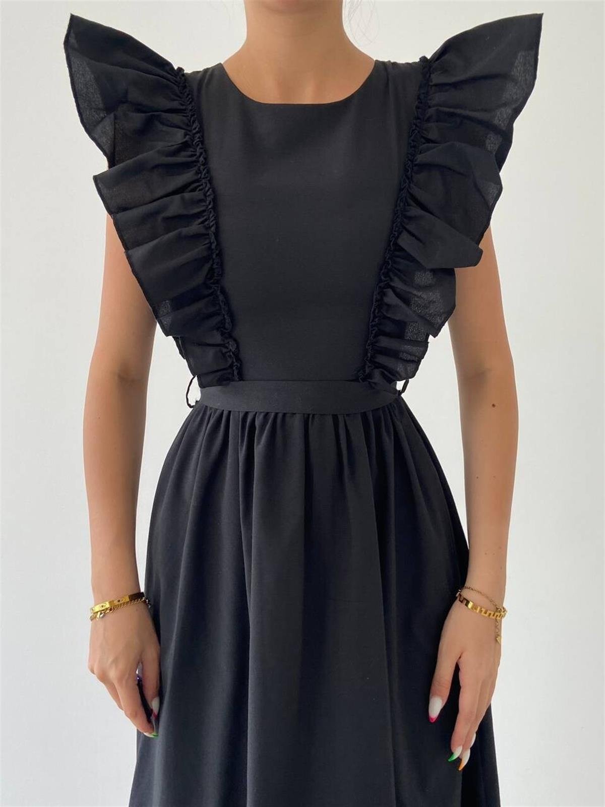 Omuzları Fırfır Kemerli Midi Boy Elbise - SİYAH