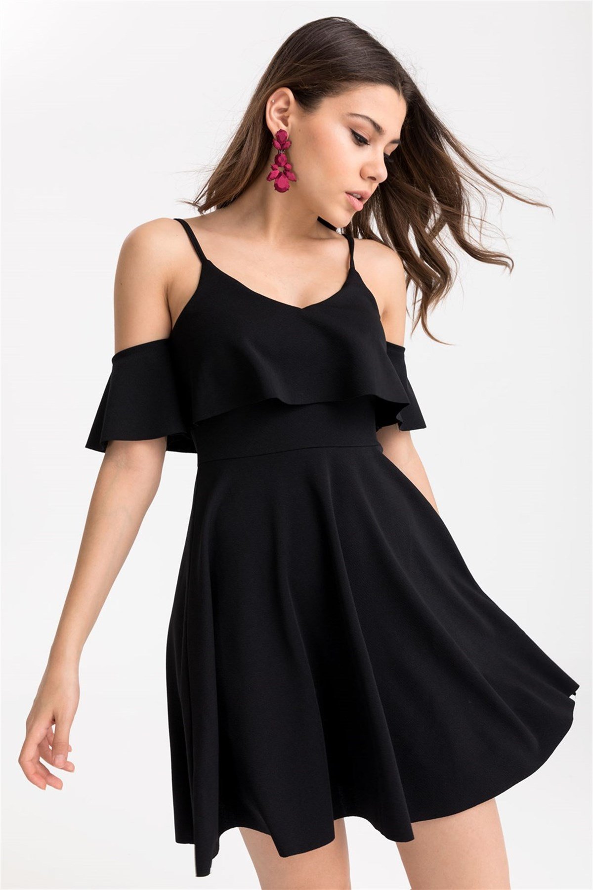 Omuzları Volan Detaylı Mini Kiloş Krep Elbise - SİYAH 