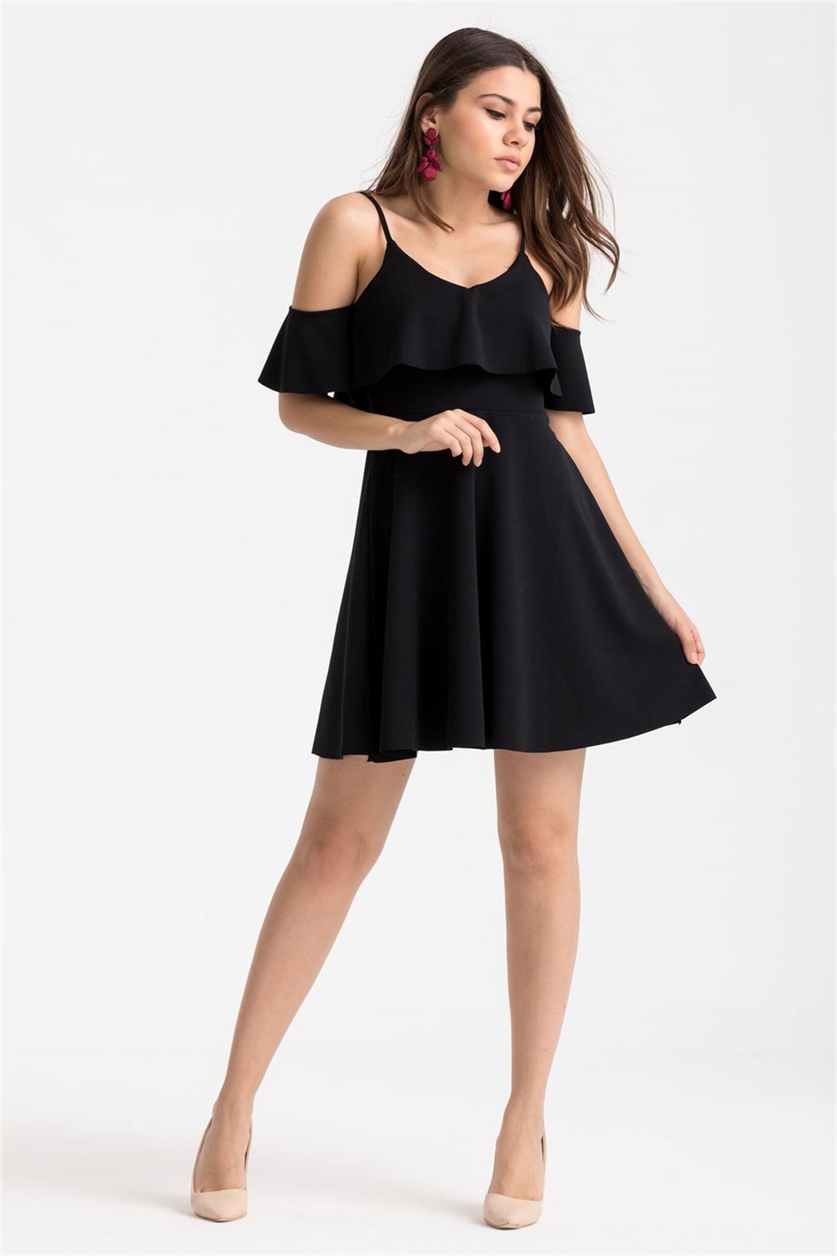 Omuzları Volan Detaylı Mini Kiloş Krep Elbise - SİYAH 