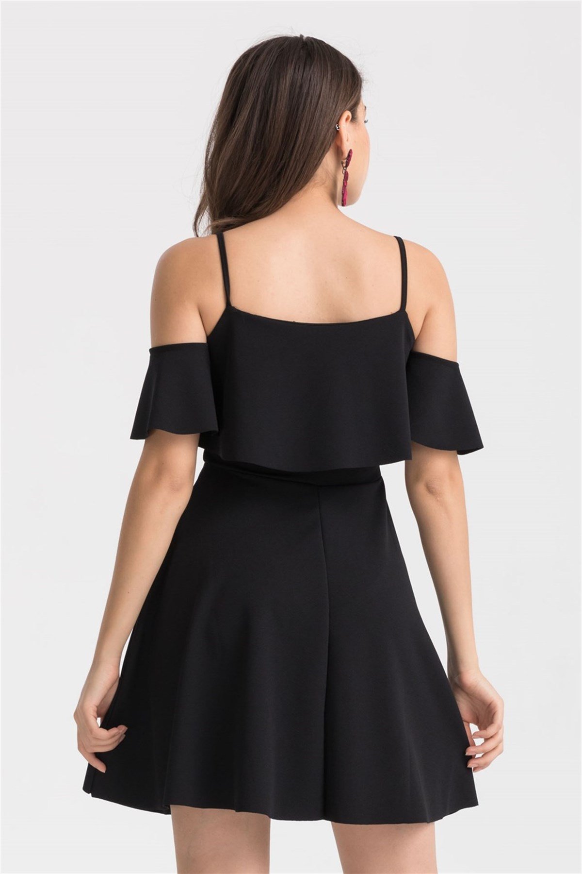 Omuzları Volan Detaylı Mini Kiloş Krep Elbise - SİYAH 