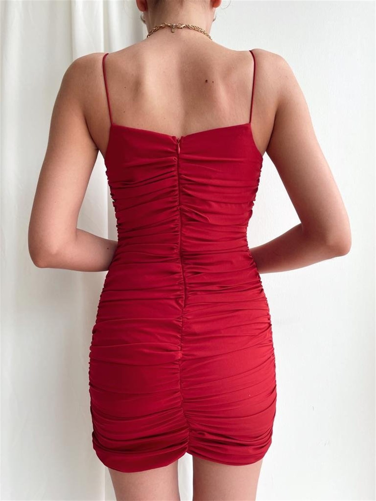 Önü Bağcık Detay Full Drapeli Elbise - KIRMIZI