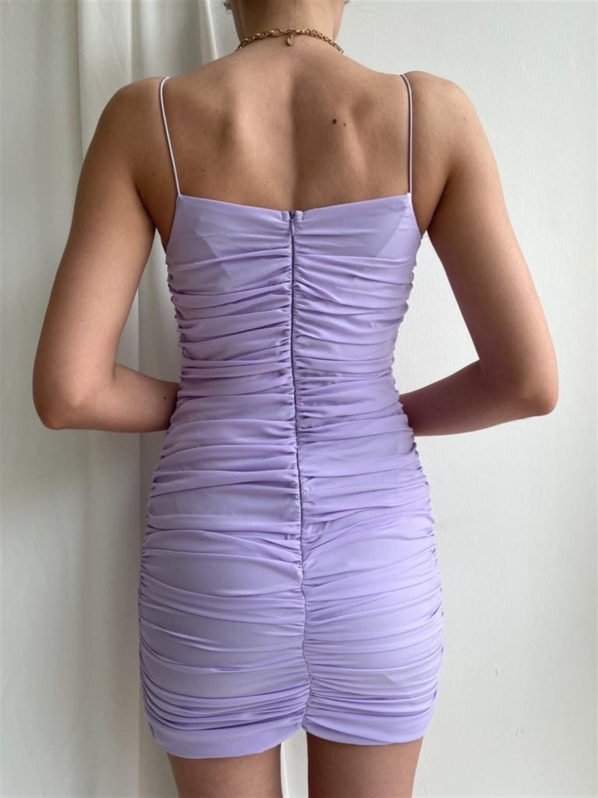 Önü Bağcık Detay Full Drapeli Elbise - LİLA