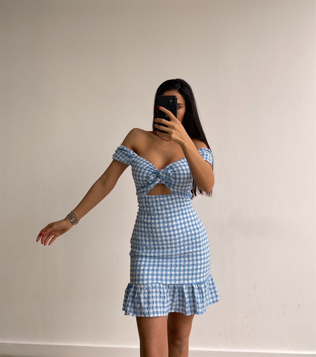 Önü Bağlamalı Pötikareli Mini Elbise - MAVİ