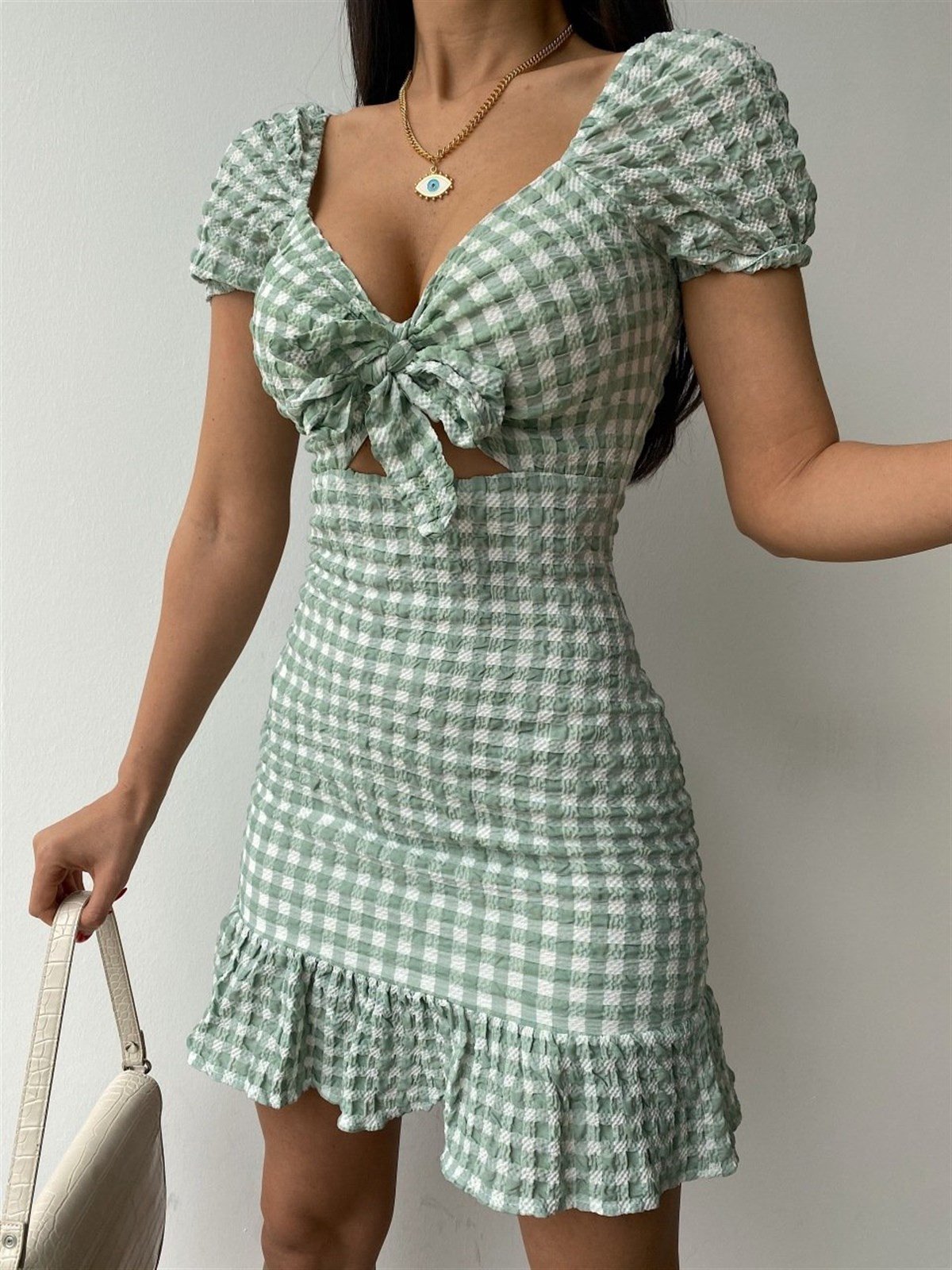 Önü Bağlamalı Pötikareli Mini Elbise - YEŞİL 