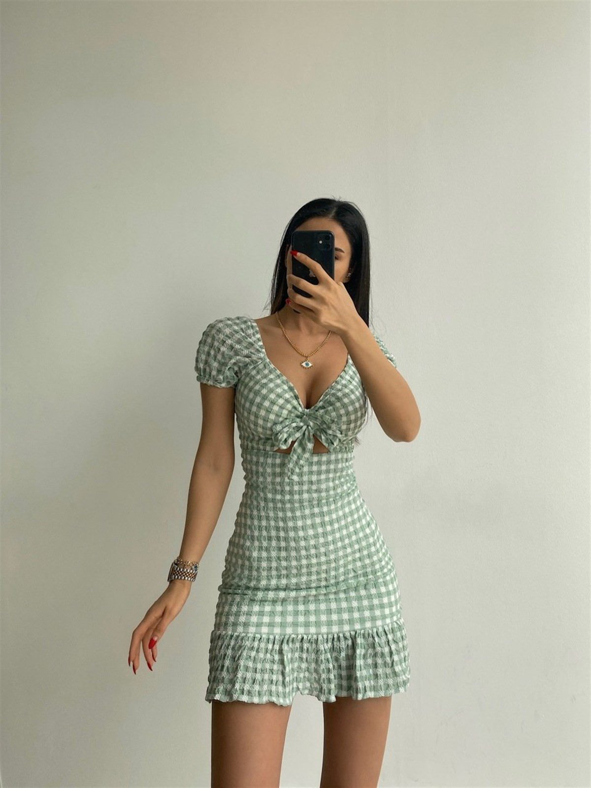 Önü Bağlamalı Pötikareli Mini Elbise - YEŞİL 