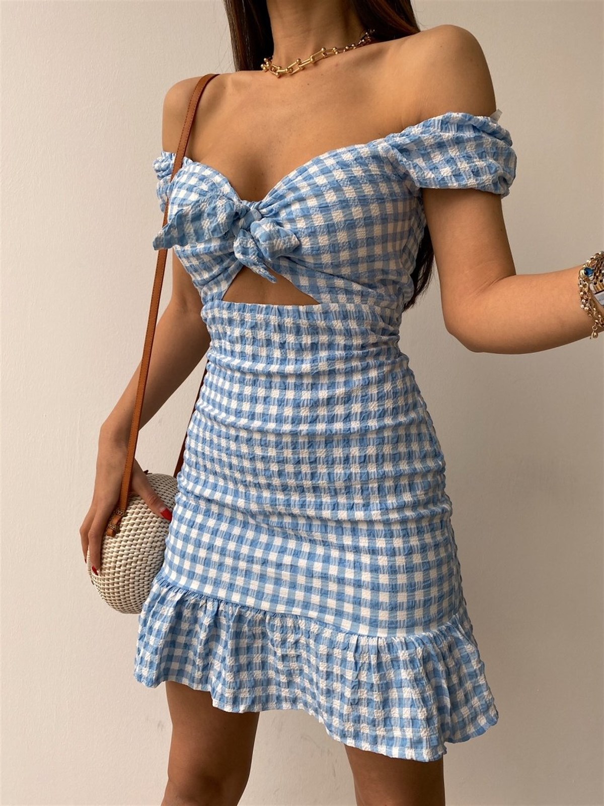 Önü Bağlamalı Pötikareli Mini Elbise - MAVİ