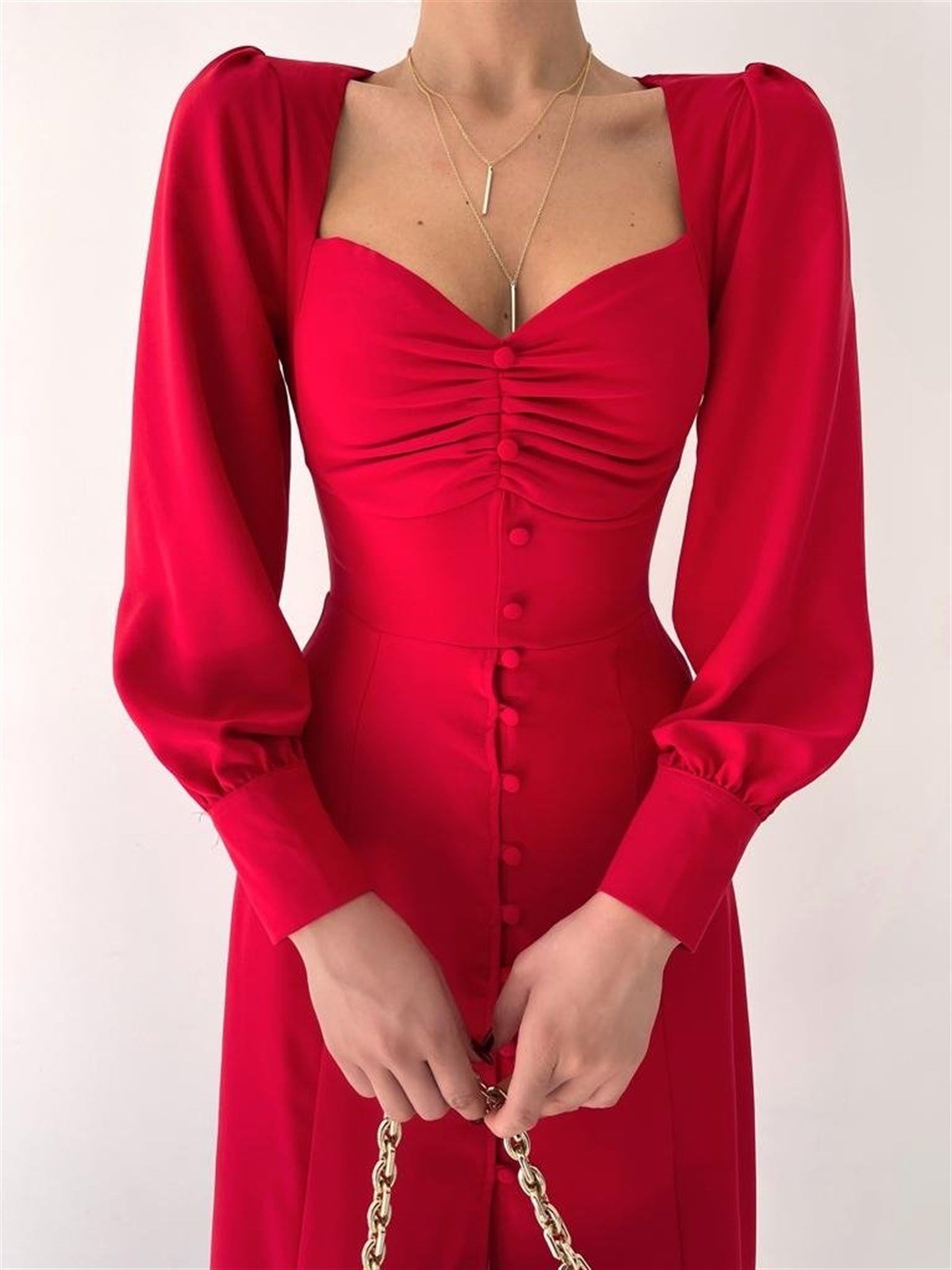 Önü Düğme Detay Midiboy Elbise - KIRMIZI