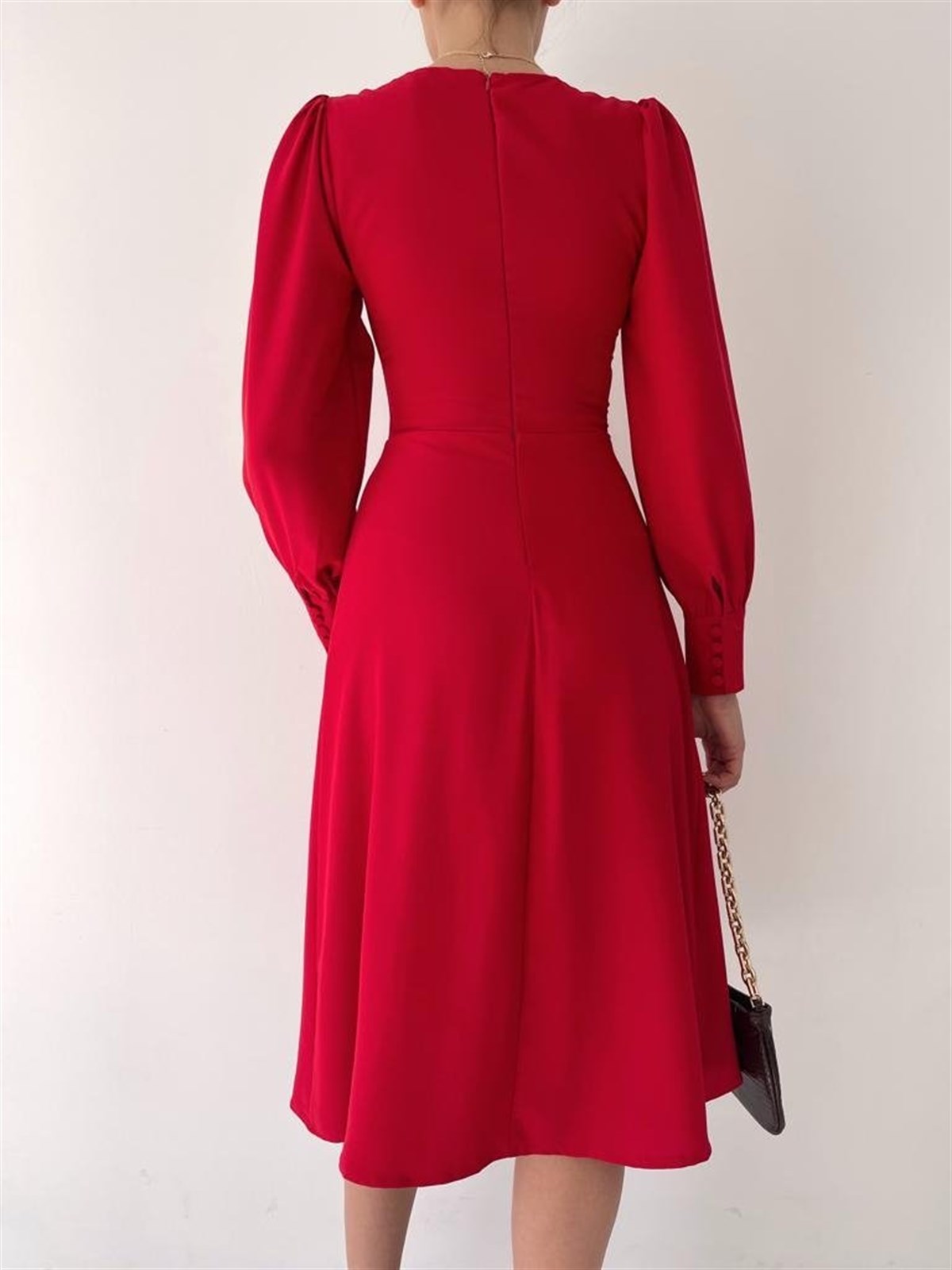 Önü Düğme Detay Midiboy Elbise - KIRMIZI