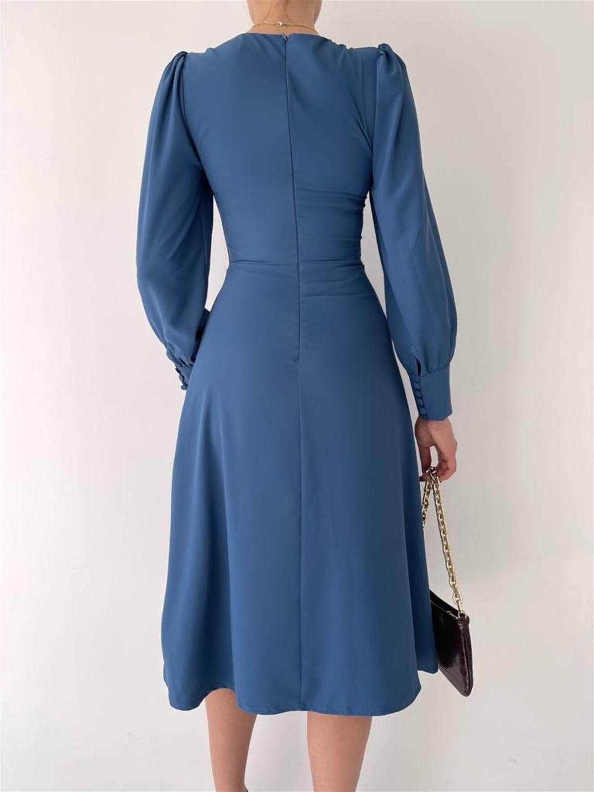 Önü Düğme Detay Midiboy Elbise - MAVİ