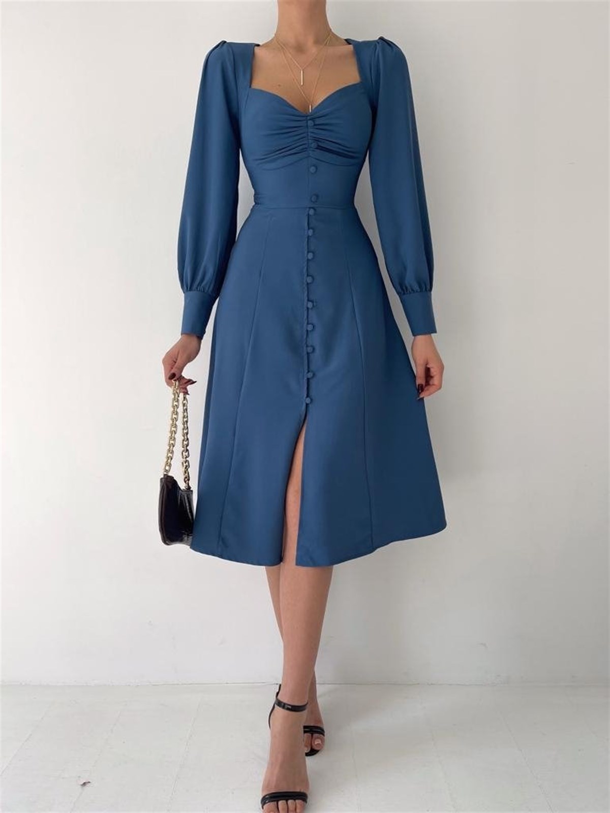 Önü Düğme Detay Midiboy Elbise - MAVİ