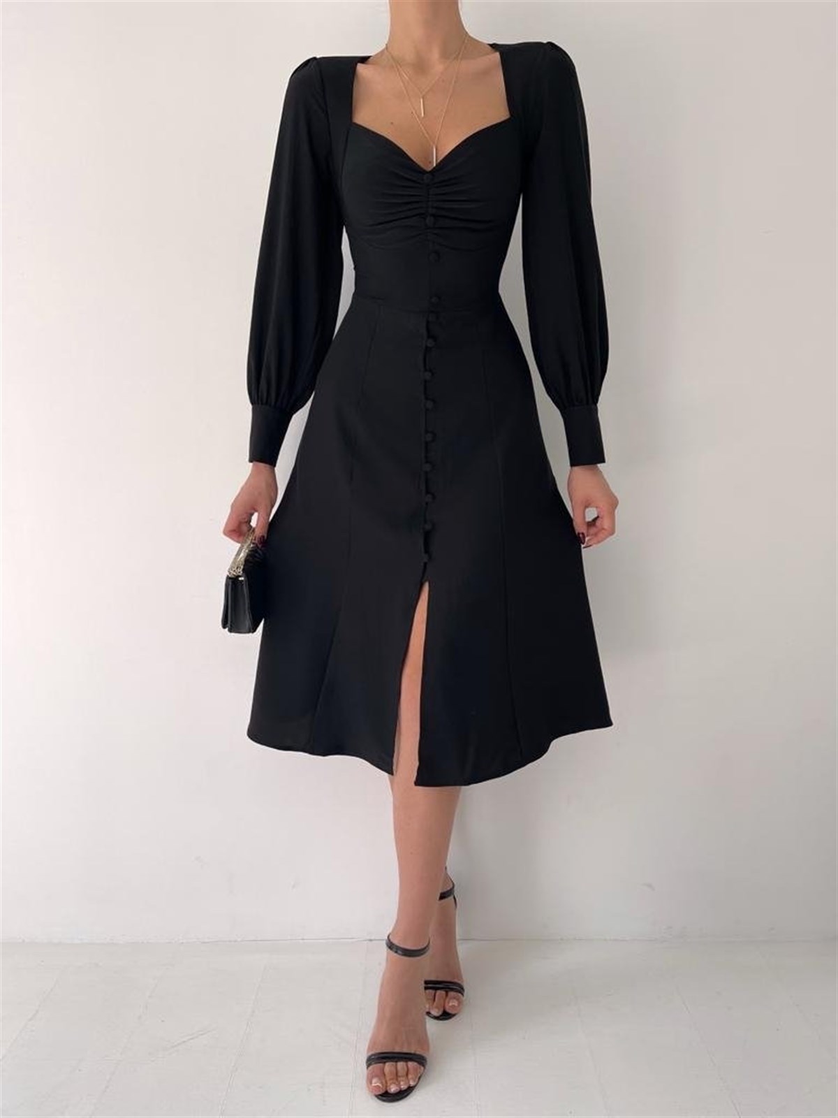 Önü Düğme Detay Midiboy Elbise - SİYAH