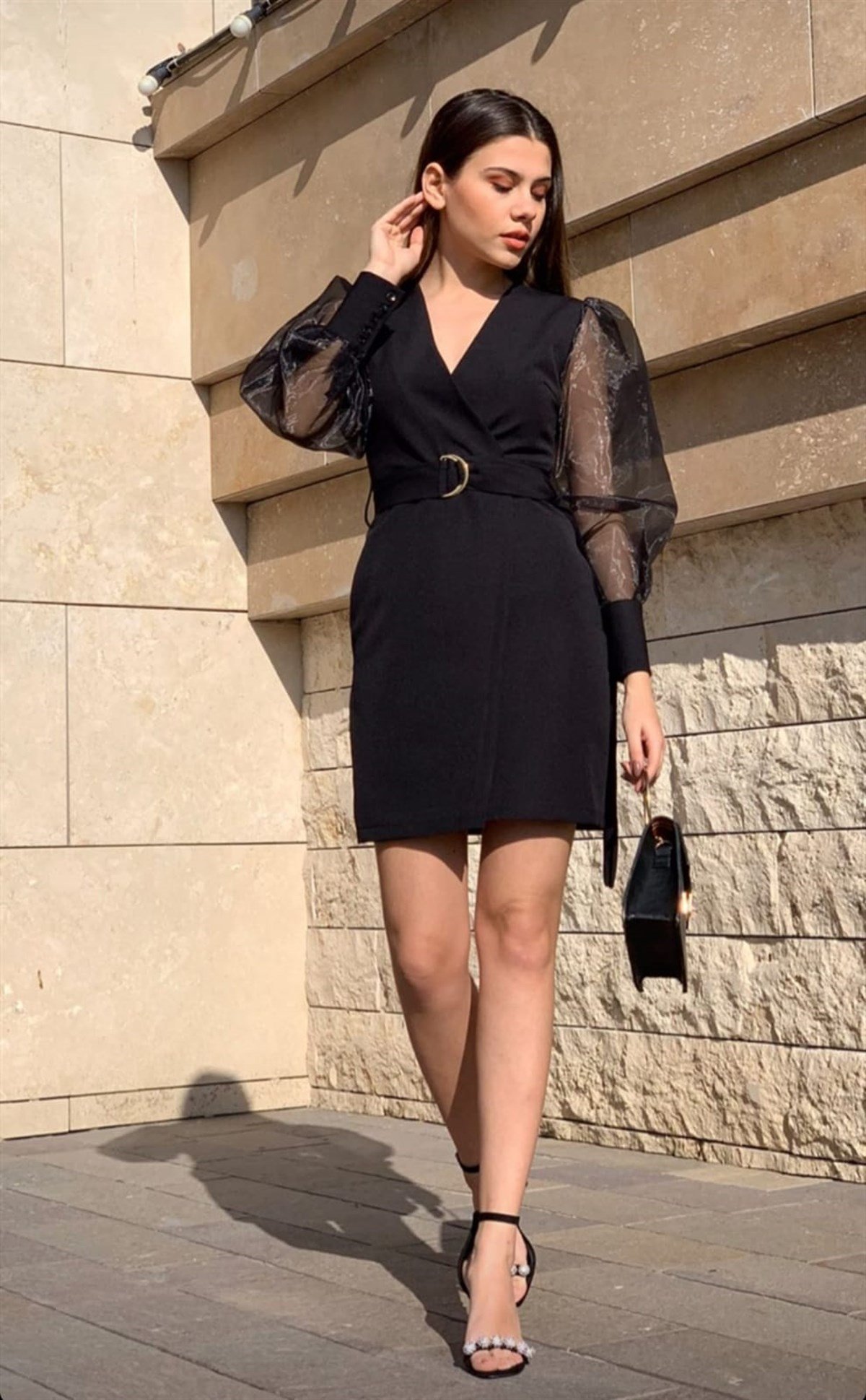 Organze Kol Detay Atlas Kalem Elbise - SİYAH