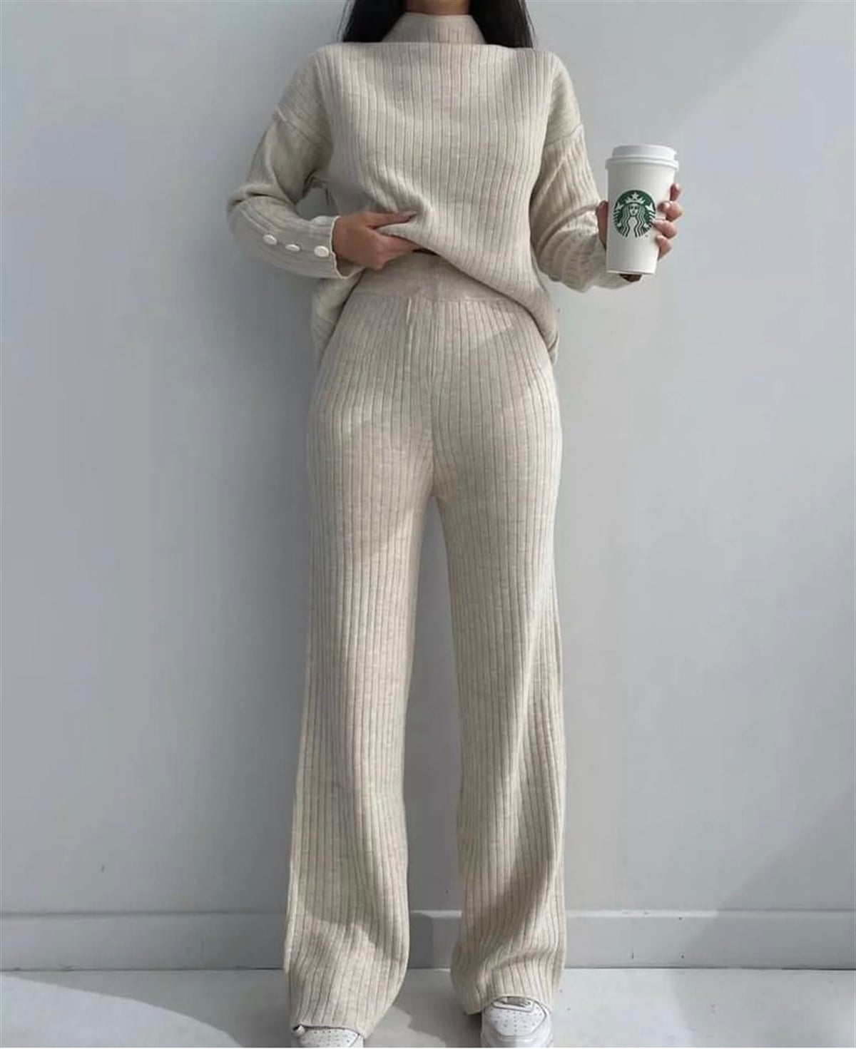 Pantolon Bluz İkili Triko Takım - KREM RENK