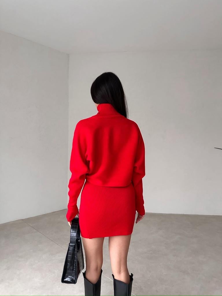 Parmak Geçmeli Boğazlı Etek Kazak Triko İkili Takım - KIRMIZI