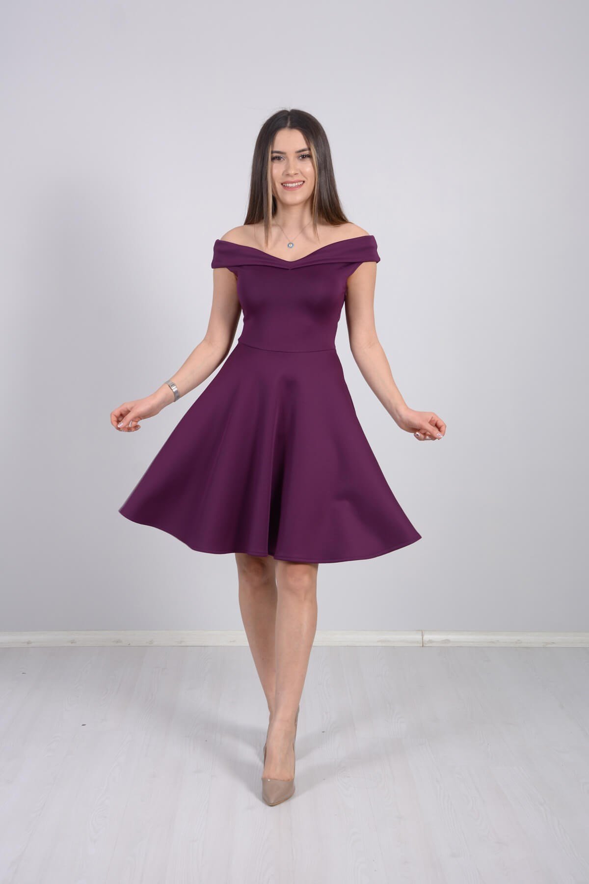 Prenses Model Omuz Detaylı Mini Kiloş Elbise - MÜRDÜM