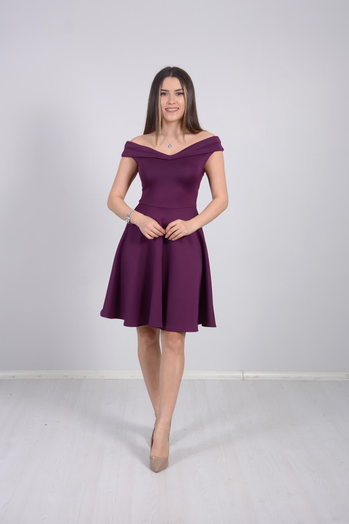 Prenses Model Omuz Detaylı Mini Kiloş Elbise - MÜRDÜM