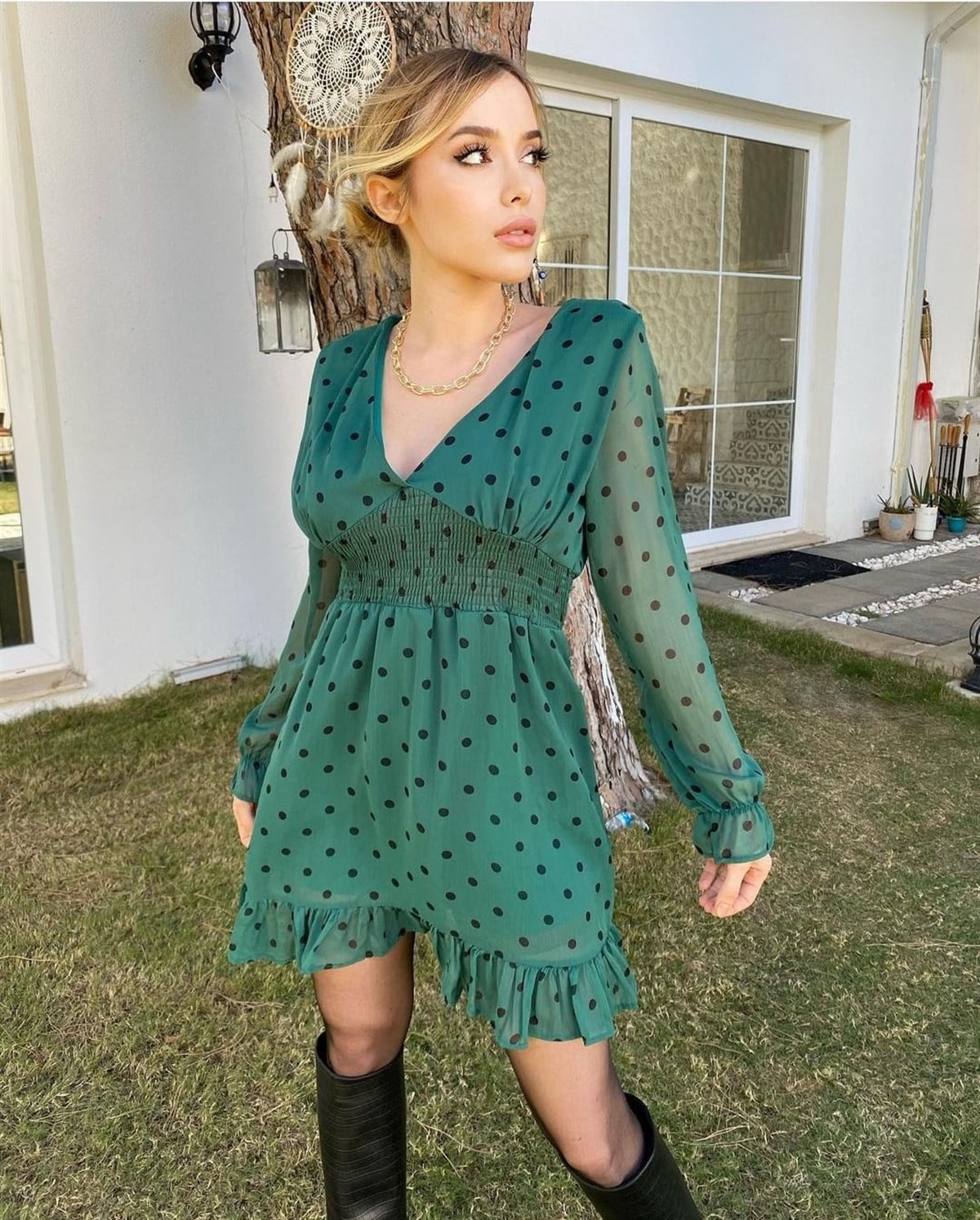 Puantiyeli V yaka Şifon Elbise