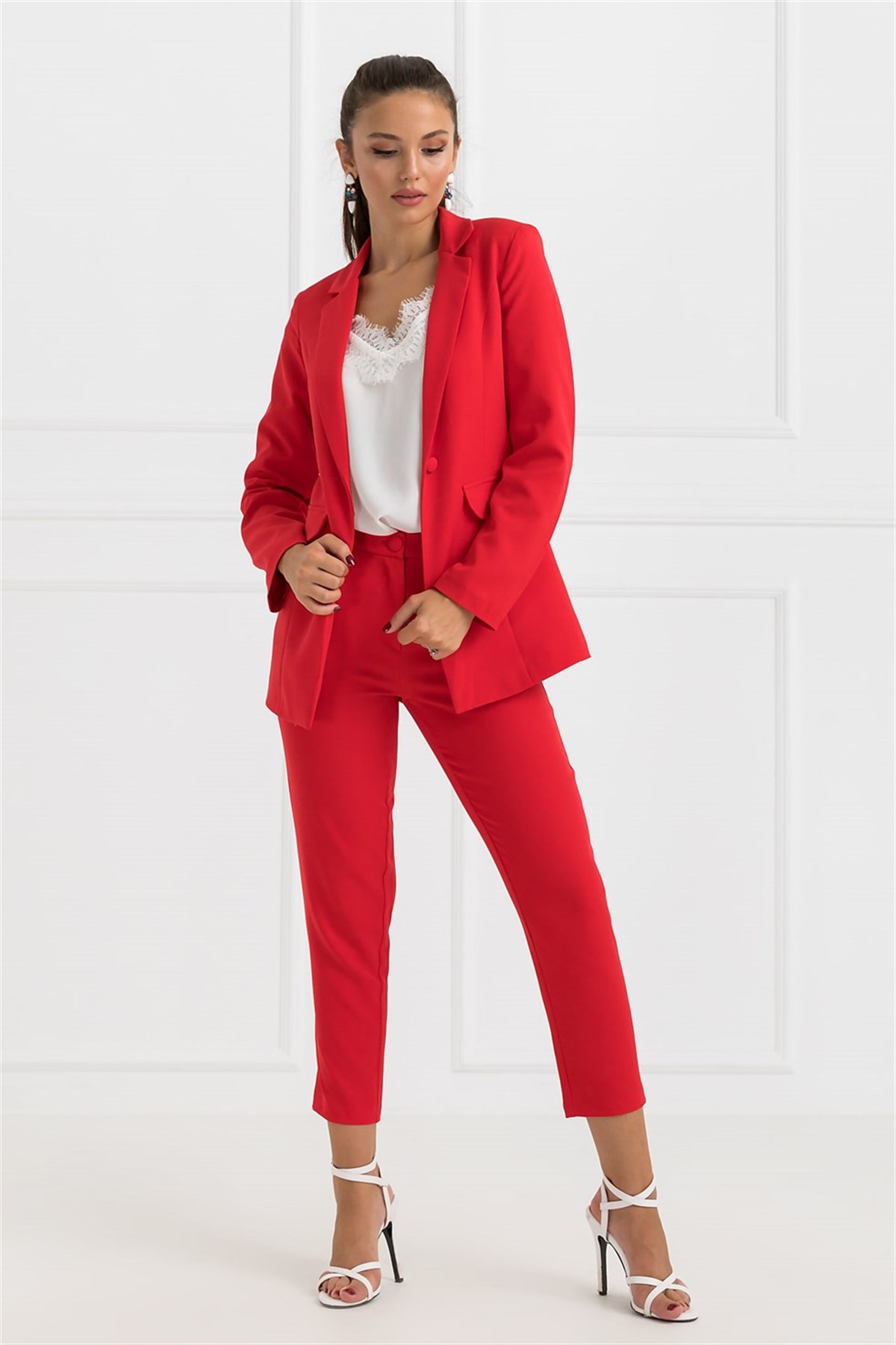 Sahte Cep Ceket Pantolon Takım - KIRMIZI