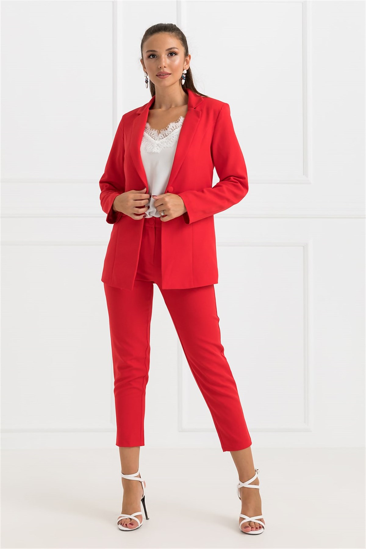 Sahte Cep Ceket Pantolon Takım - KIRMIZI