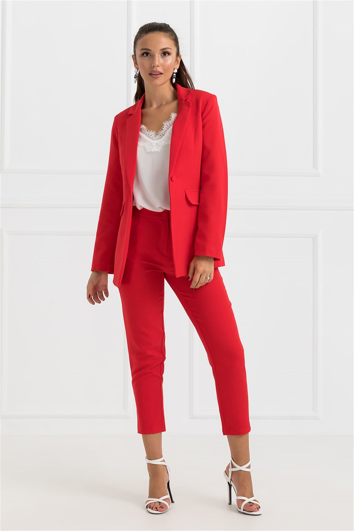 Sahte Cep Ceket Pantolon Takım - KIRMIZI
