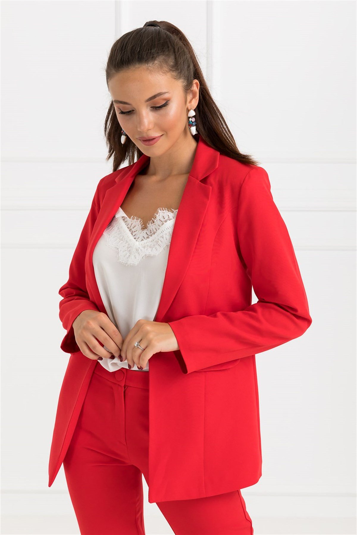 Sahte Cep Ceket Pantolon Takım - KIRMIZI