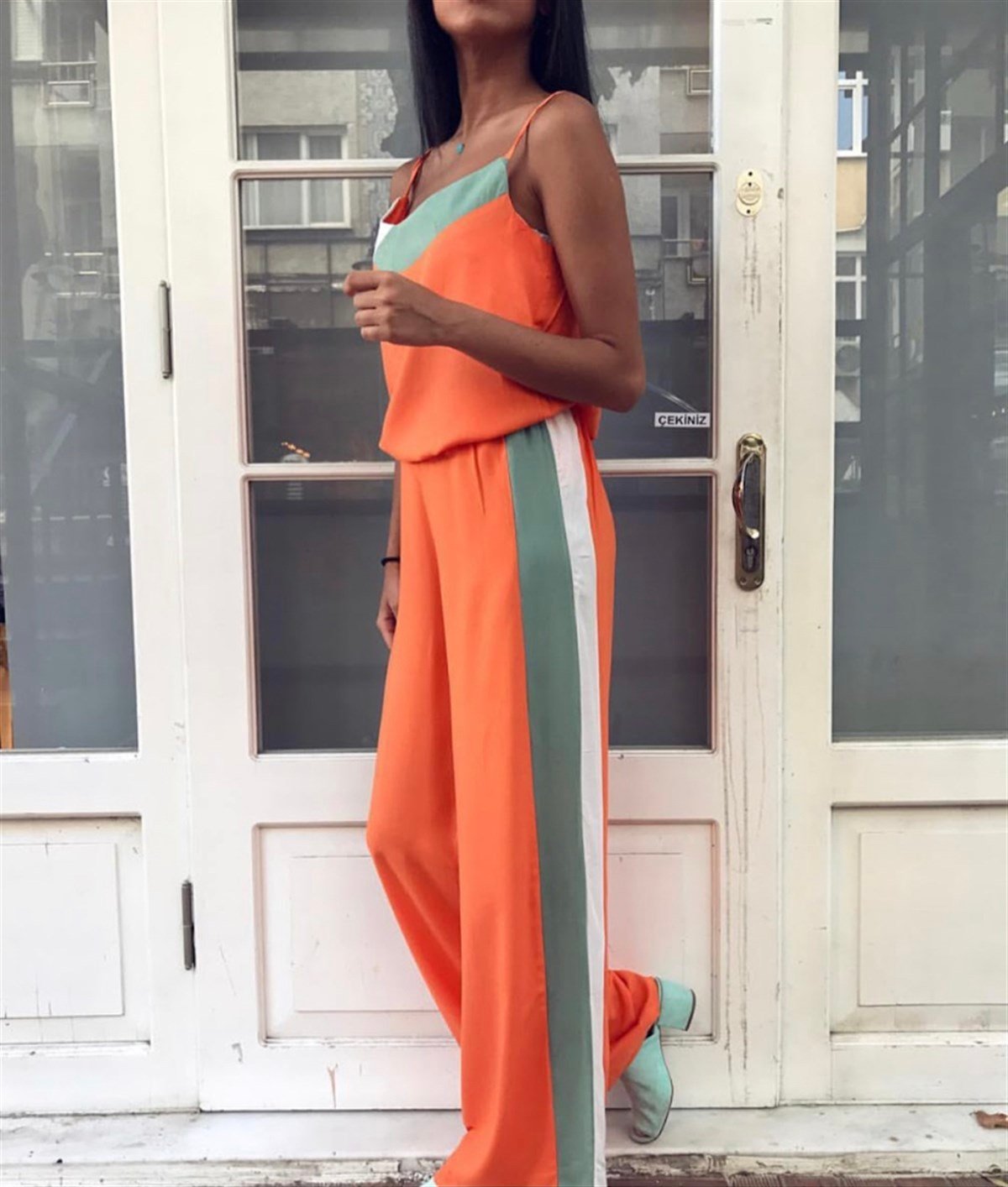 Salaş Pantolon ve Askılı Bluz İkili Spor Takım - TURUNCU