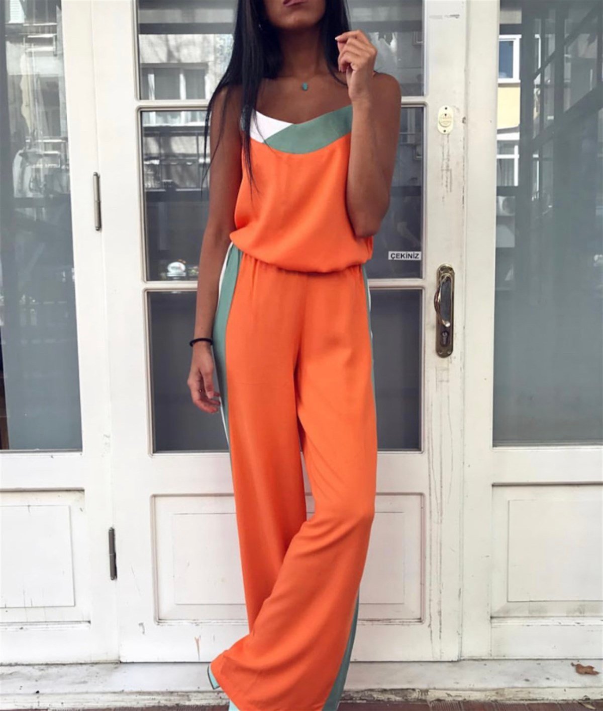 Salaş Pantolon ve Askılı Bluz İkili Spor Takım - TURUNCU