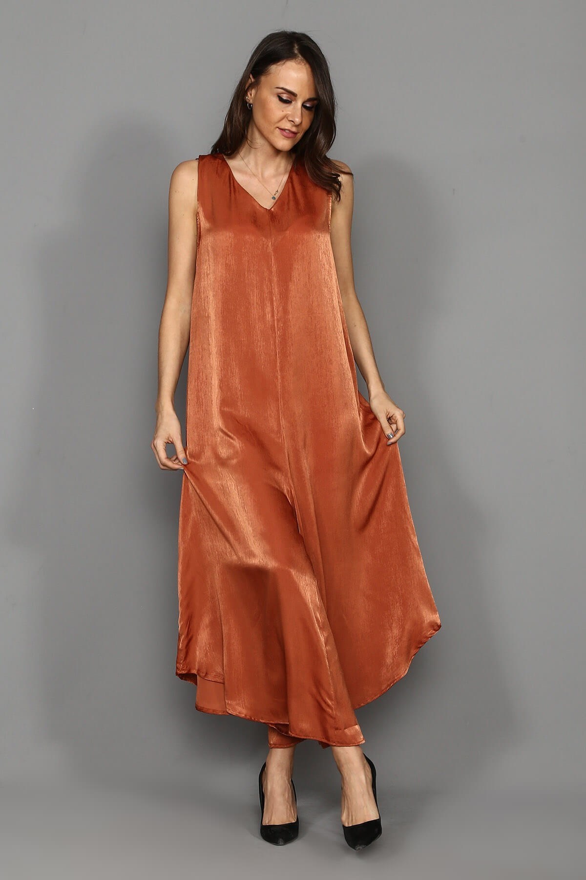 Saten Kumaş Salaş Tulum - KİREMİT RENGİ