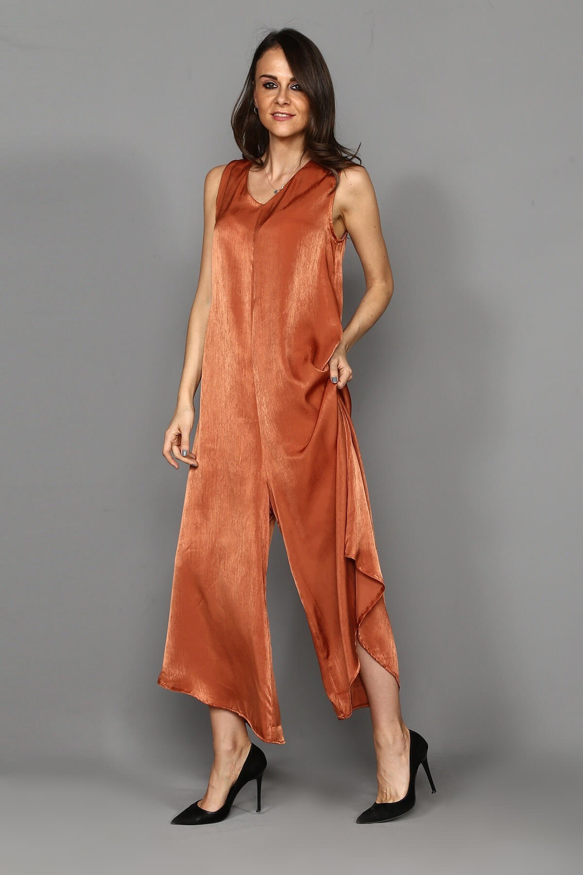 Saten Kumaş Salaş Tulum - KİREMİT RENGİ