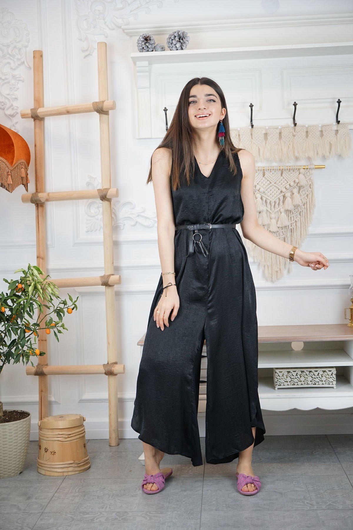 Saten Kumaş Salaş Tulum - SİYAH