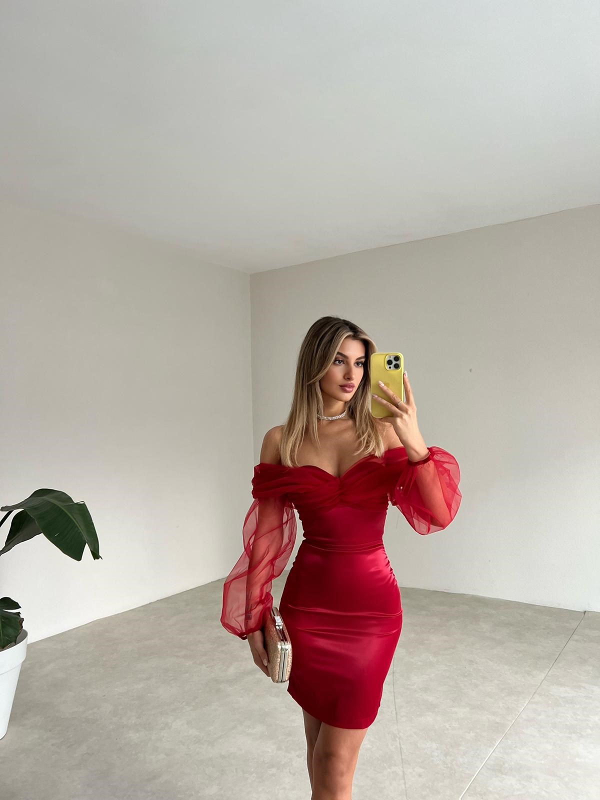 Saten Kumaş Tül Detaylı Kadın Elbise - KIRMIZI