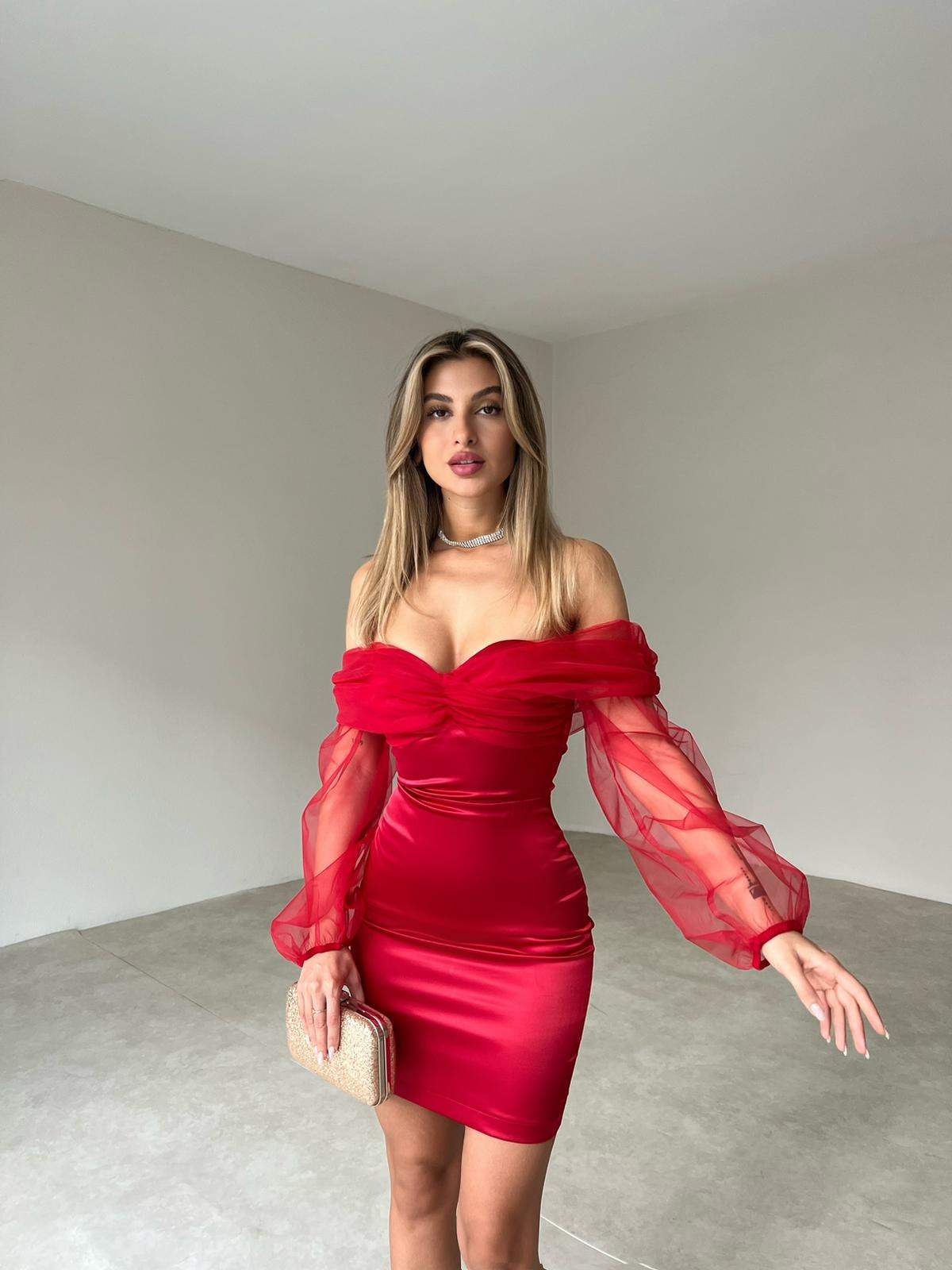 Saten Kumaş Tül Detaylı Kadın Elbise - KIRMIZI