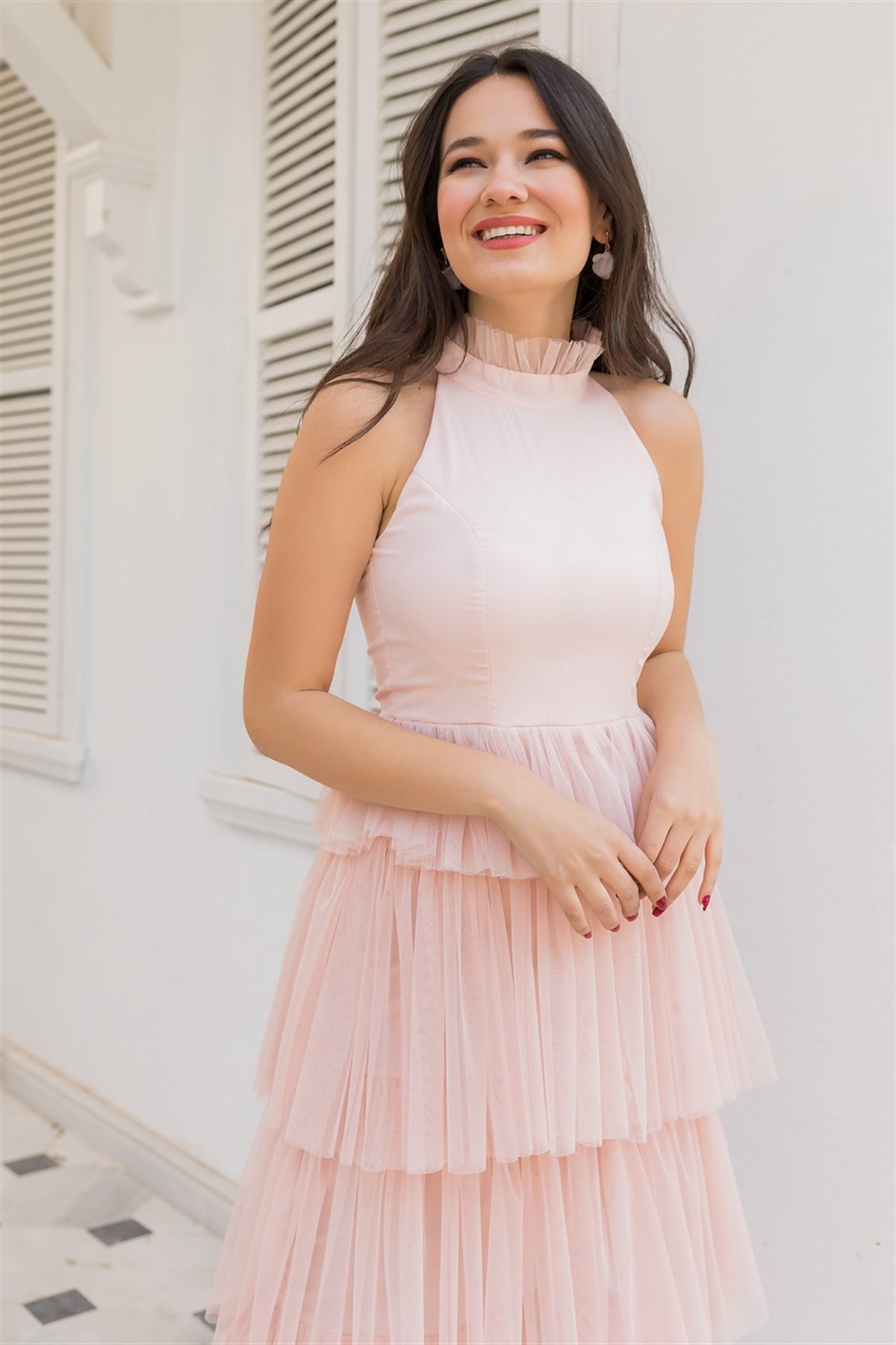 Sıfır Kol Tül Detay Kat Kat Abiye - PUDRA