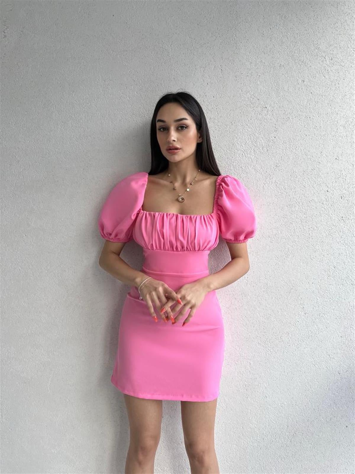 Sırt Dekolteli Mini Kadın Elbise - PEMBE